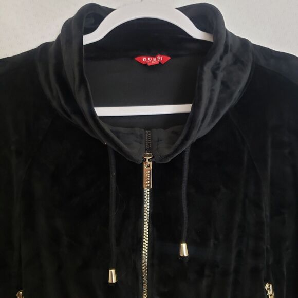 Guess‎ Womens Black Velour Crop Y2K Style Bomber Jacket Metal Zippers Size XL - Picture 3 of 9